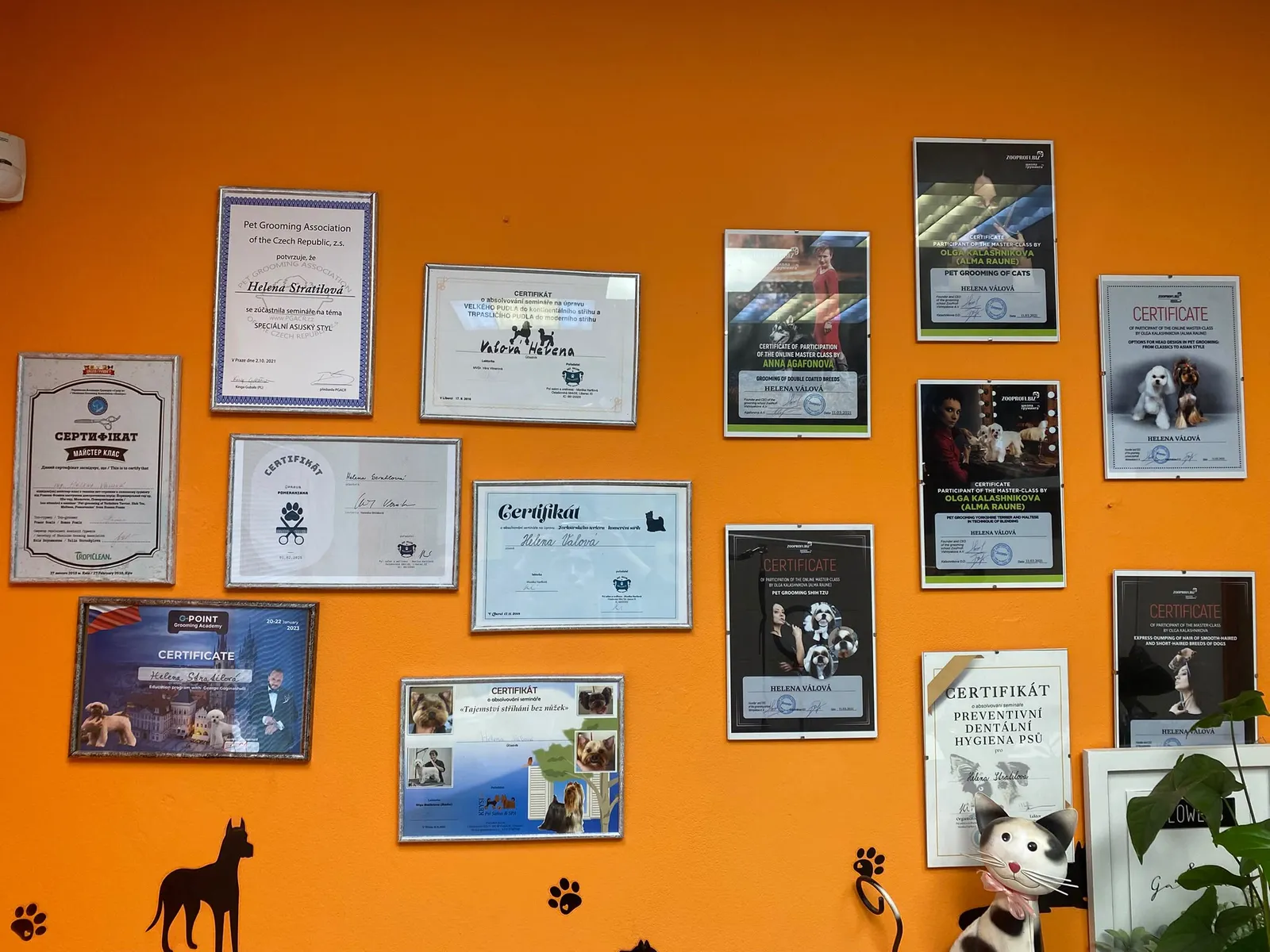 Stěna s odbornými certifikáty v Salon Lena